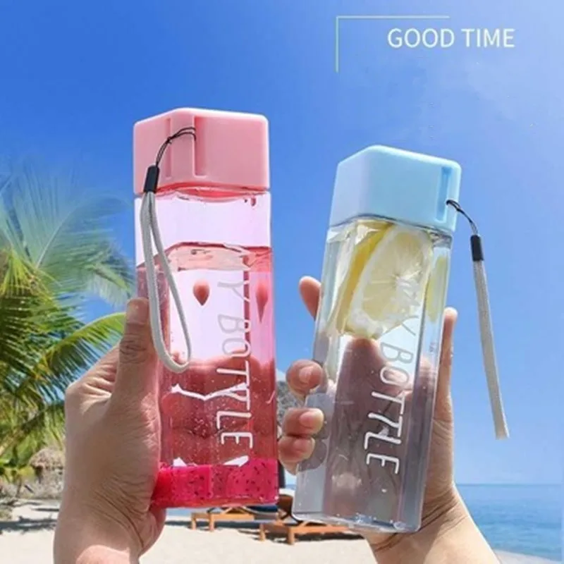 

480Ml Transparent Square Plastic Matte Water Cup Outdoor Cold Juice Sports with Portable Kitchen Milk Water Bottles Gym Tool