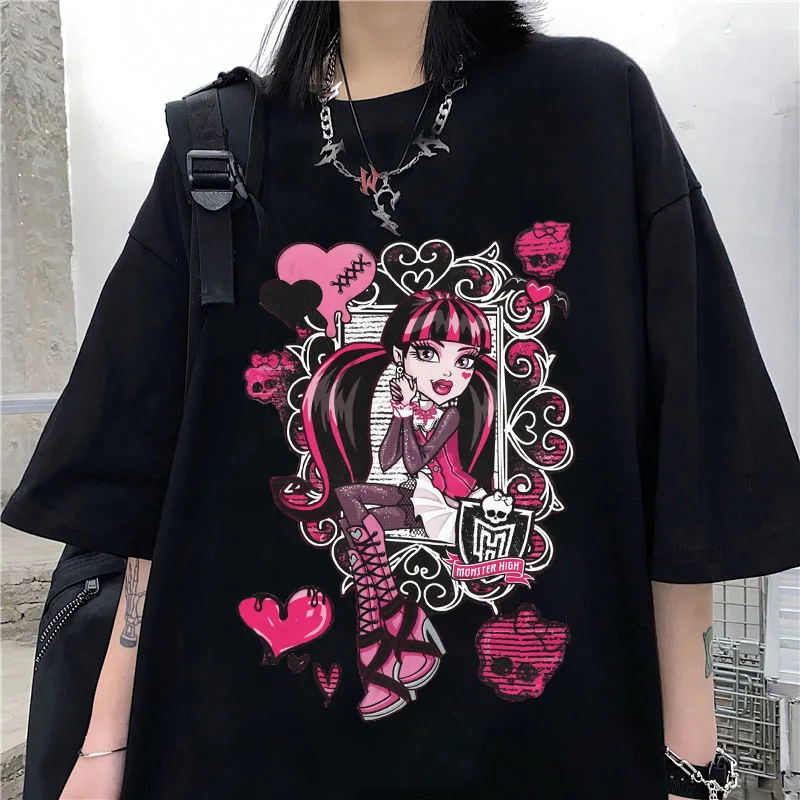 2021 Harajuku cartoon gothic print short sleeve Retro T-shirt women tops Summer streetwear O-neck sweet girls tee shirt | Женская одежда