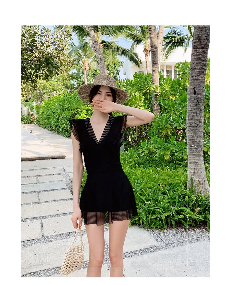 

New 2021 Asia Japan South Korea Gauze One Piece Swimsuit Women V-Neck Backless Hot Spring Young Girl Sexy Swimwear With Skirt