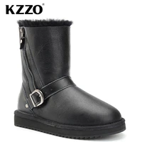 kzzo 2021 new real sheepskin leather sheep wool fur lined woman casual mid calf winter snow boots warm shoes waterproof black