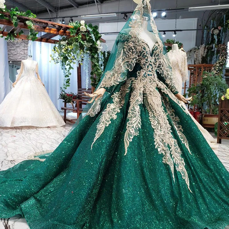 HTL744 evening dress long sleeve v neck floor length ball gown pattern green veil occasion dresses for women robe longue soiree