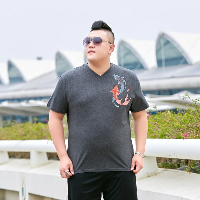 Мужская футболка большого размера с v-образным вырезом и рисунком рыбы летняя