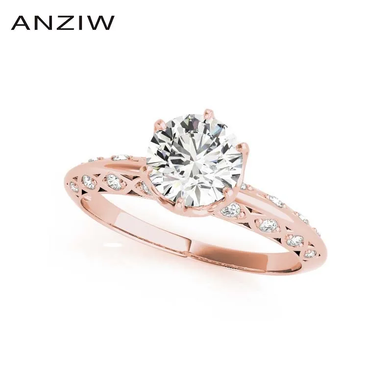 

ANZIW 925 пробы серебряные ювелирные изделия для женщин Свадебные обручальные кольца 1ct Круглый 6 кольцо с зубцами юбилей платье принцессы розо...