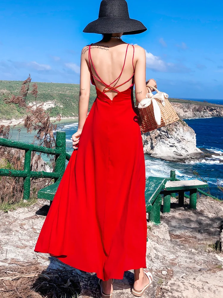 

2021 summer new suspender dress red sexy backless beach dress super fairy chiffon seaside holiday long skirt