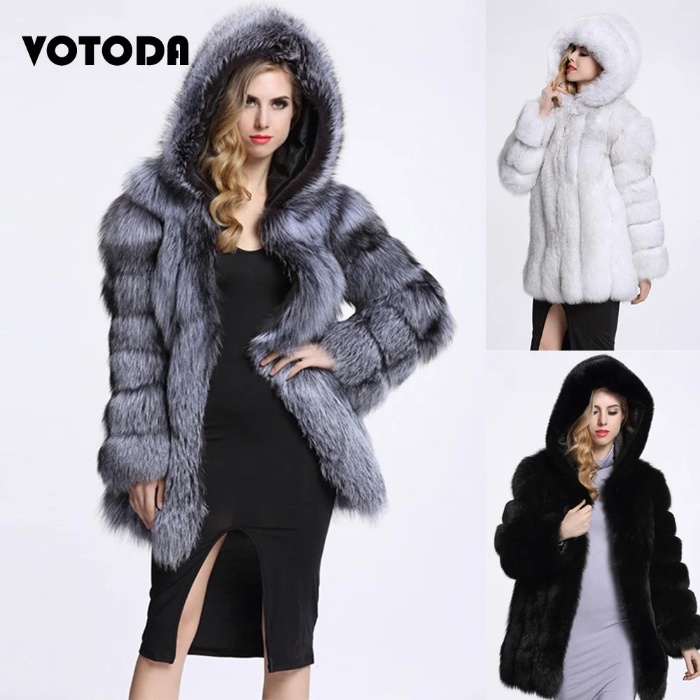 Warm Fashion Fox Fur Coat Women Fluffy Furry Mink Coat Winter Long Sleeve Hooded Overcoat Luxury Thick Outerwear Faux Fur Jacket