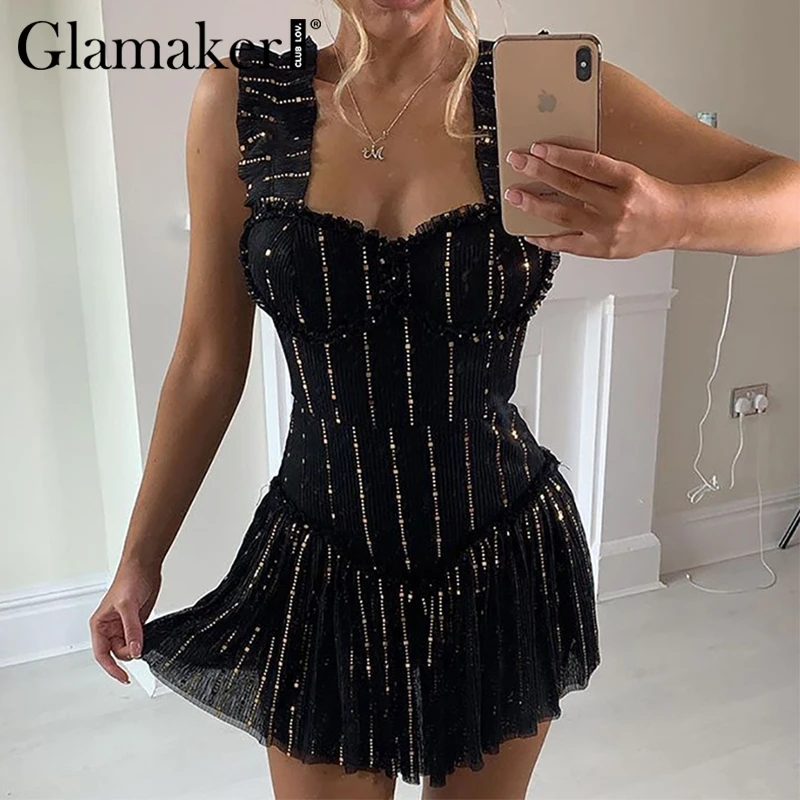 Glamaker, розовое, с открытой спиной, блестящее, Клубное, Золотое платье, сексуальное, черное, а-силуэт, вечерние, короткое платье, элегантное, с блестками, мини, Ночное платье для женщин, осень - Цвет: Черный