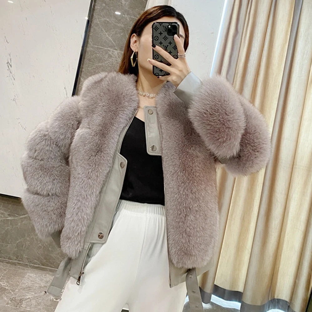 Winter Women Real New whole Skin Fox Fur Coat WIth Sheepskin Collar Short Suit  Commuter Parkas Streetwear Thick Warm for 2021