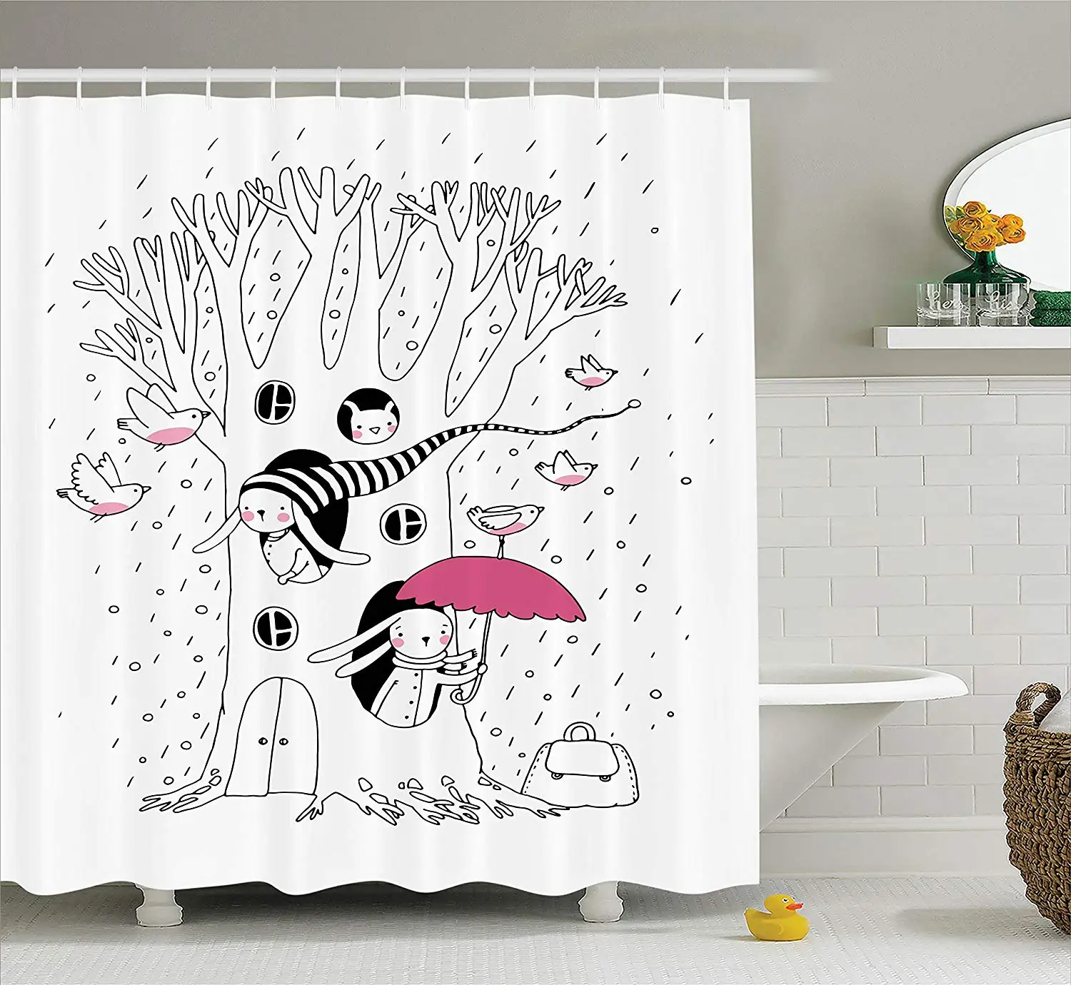 Волшебная занавеска для душа Минималистичная рисования с кроликами отверстие