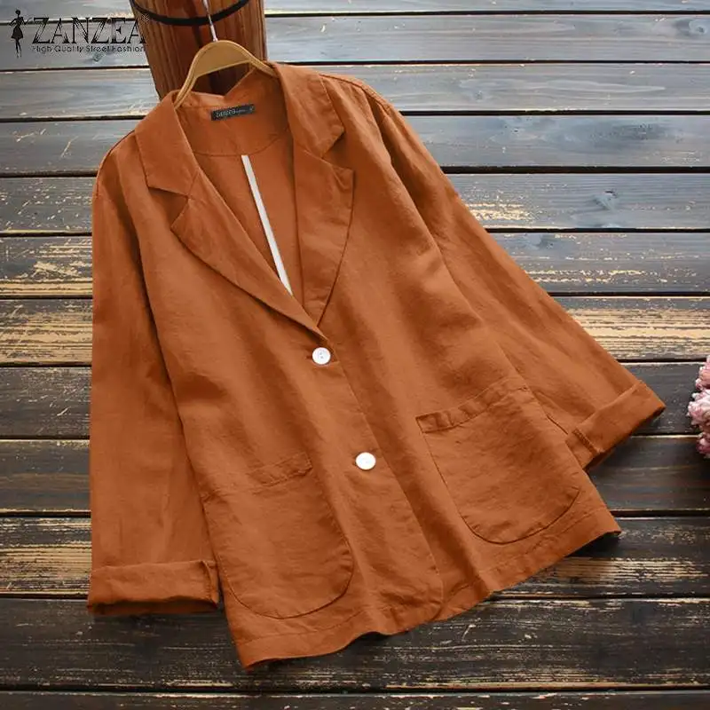 

Винтажный Женский блейзер ZANZEA 2021, летняя элегантная офисная хлопковая льняная верхняя одежда, повседневная однотонная Свободная Женская к...