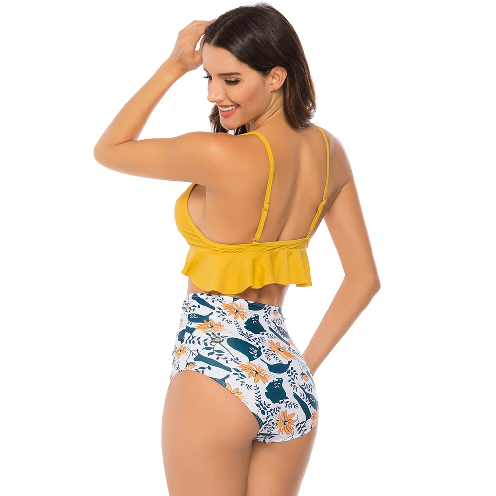 

Tradditional Flower Print Swimwear Bathing Women Two-Pieces Suit Sexy Summer Hawaii Bikinics Elastic Female Party Swimming 2021