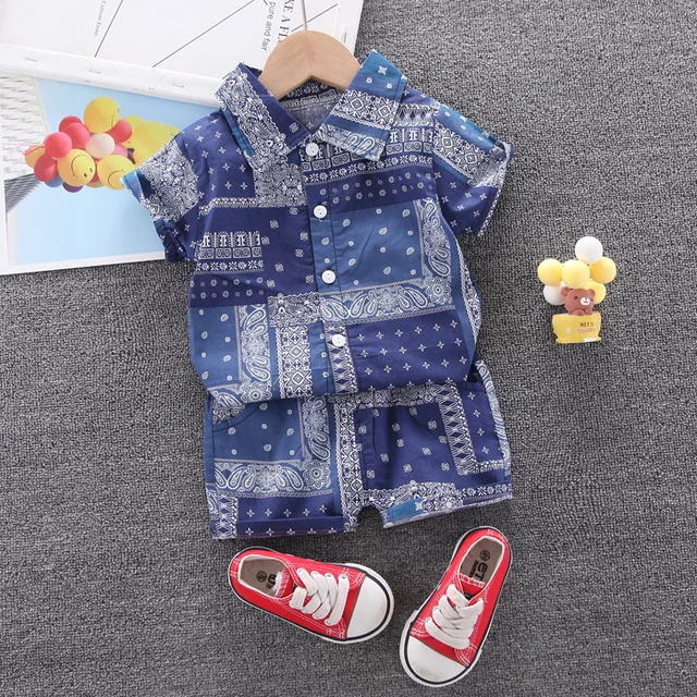 Kids Clothes Sets Baby Boys Summer 1 2 3 4 Years Children Geometry Print Outfit Fashion Thin Shirt + Shorts 2 PCS Costume 1