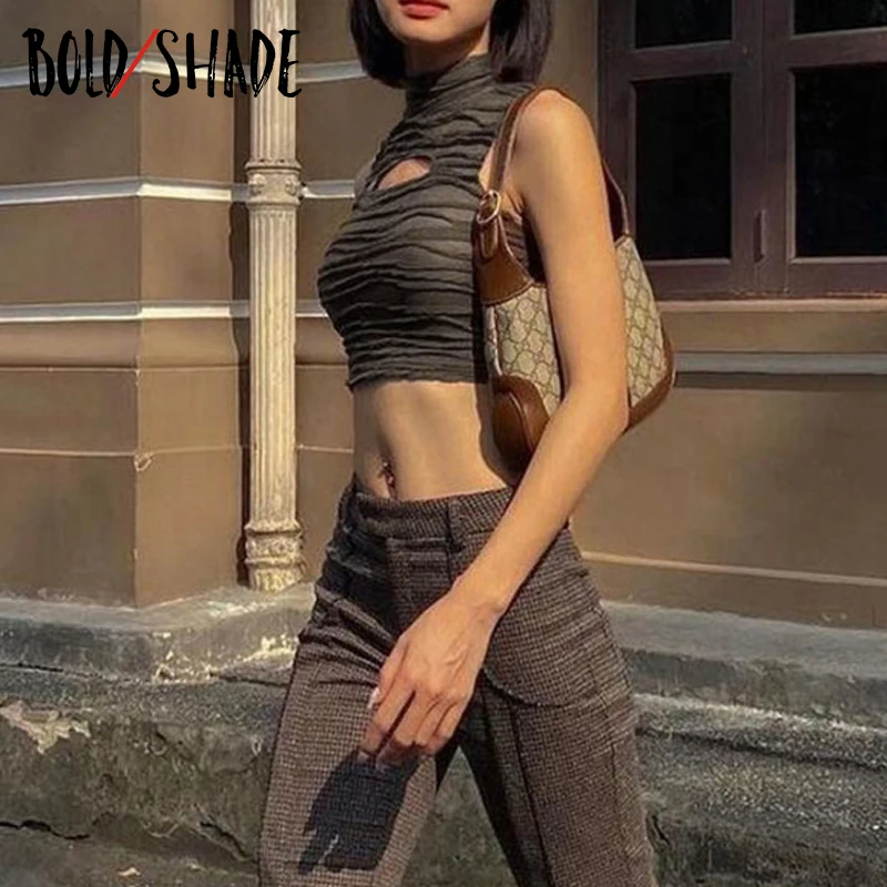 

Bold Shade 90s Vintge Street Fashion Tanks Ruched Solid Urban Style Women Y2K Indie Clothes Aesthetic Hollow Out Crop Tops Slim