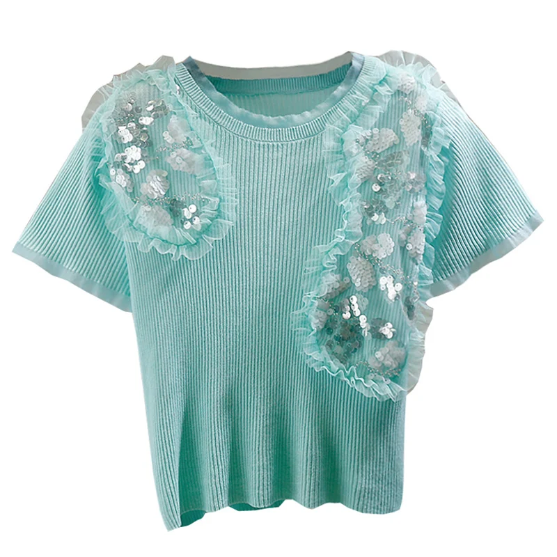 

Heavy Manual Beaded Sequined Wooden Ear Pullover Knitted Tops Fashion Design Slim T-shirt Sweet Temperament Women's Tshirts