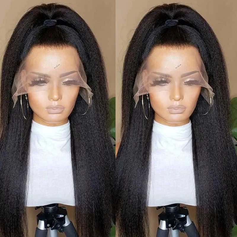 

Synthetic 1B Lace Front Wig Yellow Long Kinky Straight Heat Resistant Fiber Hair Natural Hairline Medium Parting For Women