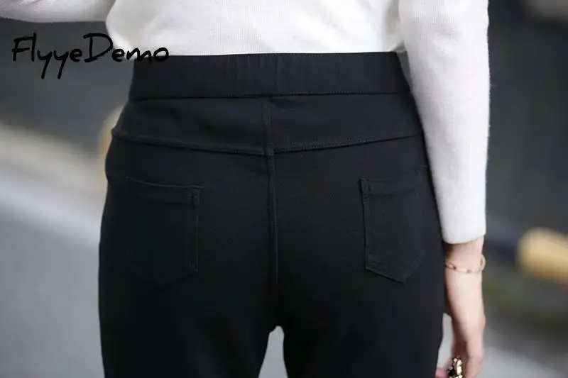 

Slim High Waisted Straight Trousers Women Zipper-Up Casual Fleece PU Pants Female Black Autumn Winter Pants New Plus Size 6XL