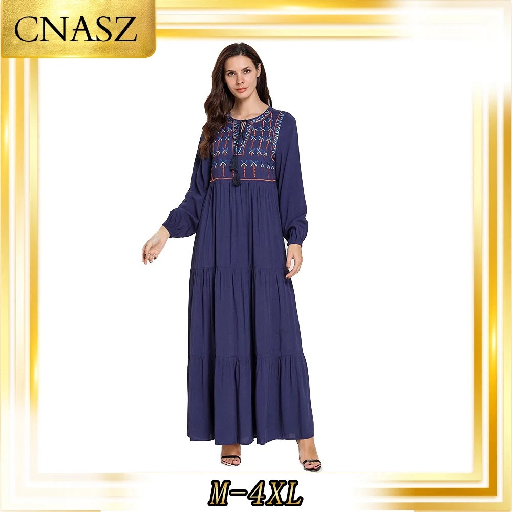 

Мусульманские платья большого размера 2019 марокканский кафтан Новое Женское однотонное простое кружевное платье с вышивкой модное мусульм...