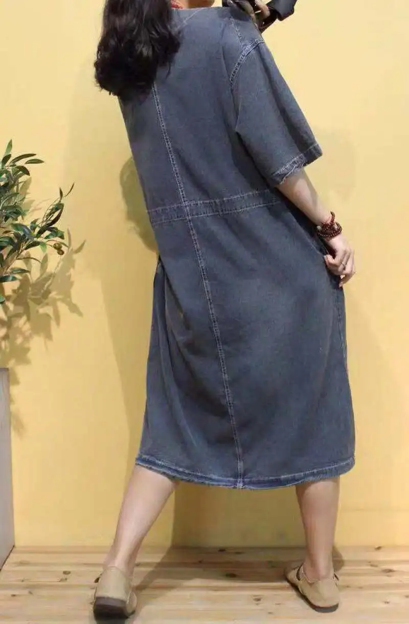 

Lady Loose Denim Dress For Women 2020 Chinese Vintage Style V-neck Denim Dress Lady Personality Dress