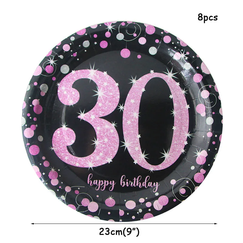 8pcs 9inch plates 30 Украшения на день рождения для взрослых, 30, 40, 50, 60 лет, розовый, черный, одноразовый набор посуды для вечеринки, 50-й день рождения - Цвет: 8pcs 9inch plates 30