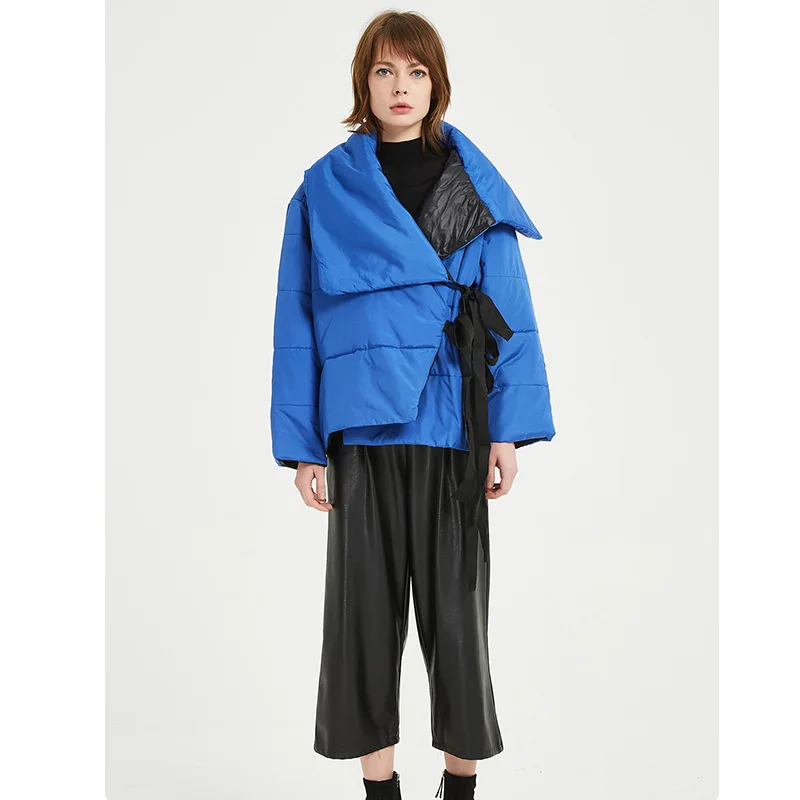 2021  Winter Casual  Jacket Women Casual Blue Lapel Cloak Shawl Fashion Tie Wide Loose Jacket Solid Color Irregular Parkas