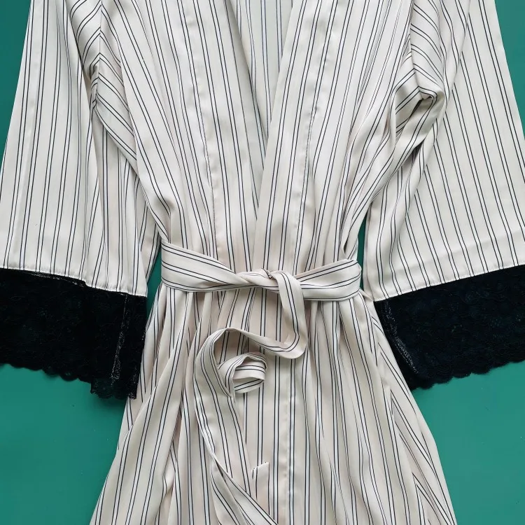 

Lace Trim Sleepwear Summer Women Robe Kimonno Gown Sexy Casual Loose Nightgown Bathrobe Striped Knee-length Home Dress Nightwear
