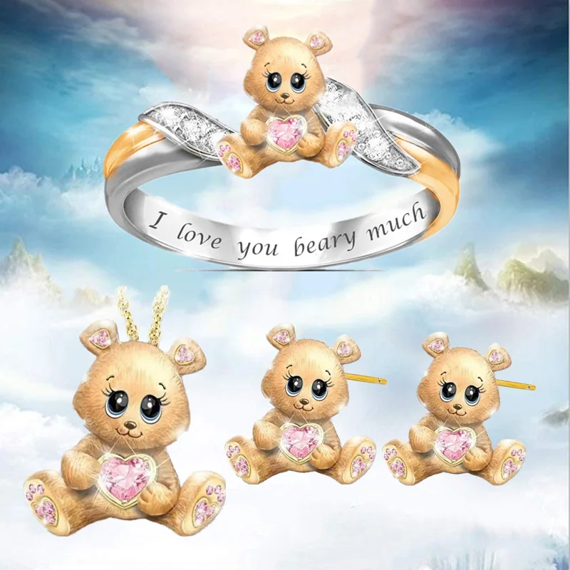 

Fashion cute girl birthday gift party prom jewelry bear heart-shaped zircon animal cute ring necklace earring set wholesale