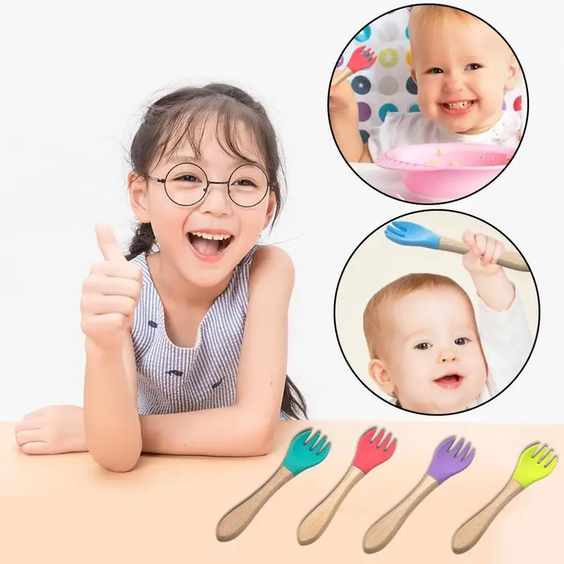 Cuchara de silicona de madera para beb&eacute;, vajilla de suplemento alimenticio para ni&ntilde;os, cuchara de entrenamiento con mango de madera para alimentaci&oacute;n segura-2