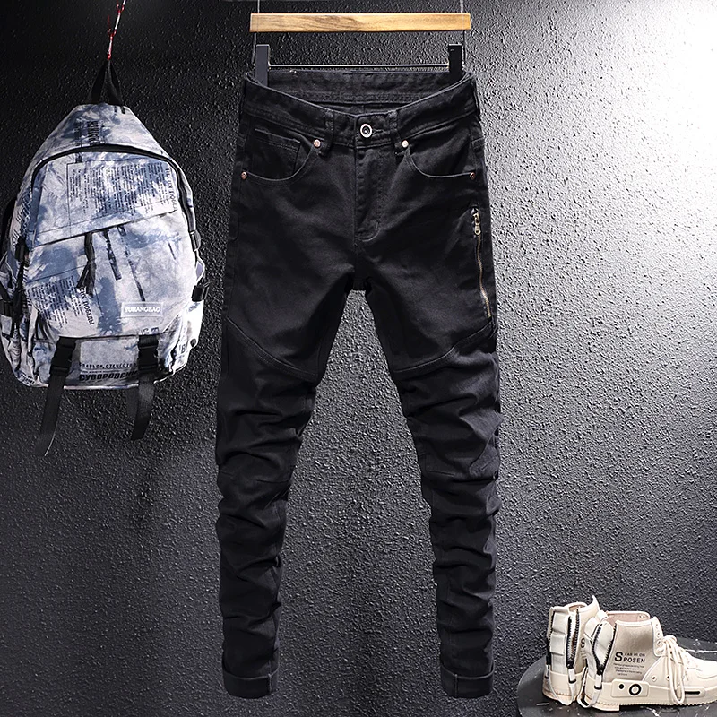 Korean Style Fashion Men Jeans Army Green Elastic Slim Fit Spliced Designer Biker Jeans Men Streetwear Hip Hop Denim Pants Homme