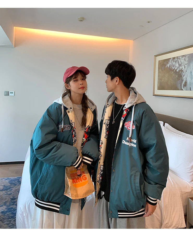 2021 men winter Parka reversible Anime Printed cotton coat japanese fashion streetwear oversized hippie Jacket couple clothes