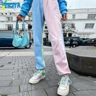 Брюки женские повседневные с завышенной талией, свободные Джоггеры в стиле пэчворк, уличная одежда в стиле хип-хоп, розовые голубые контрастные цвета