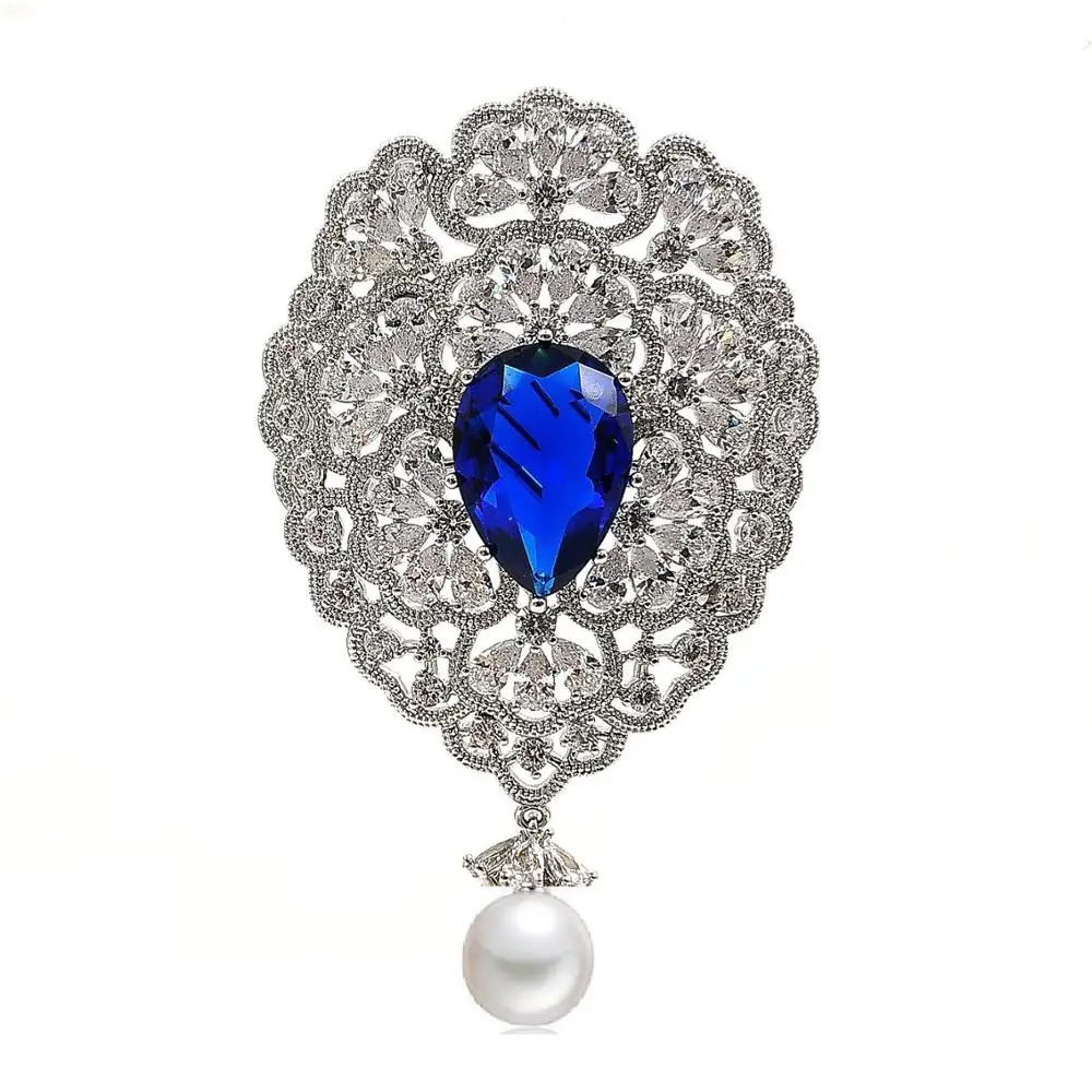 Fantasy Luxury Opens Scroll Floral Blue Stone Art Deco Brooches with Pearl Dangle Drop Wedding Bridal Event Dress Gown Jewelry