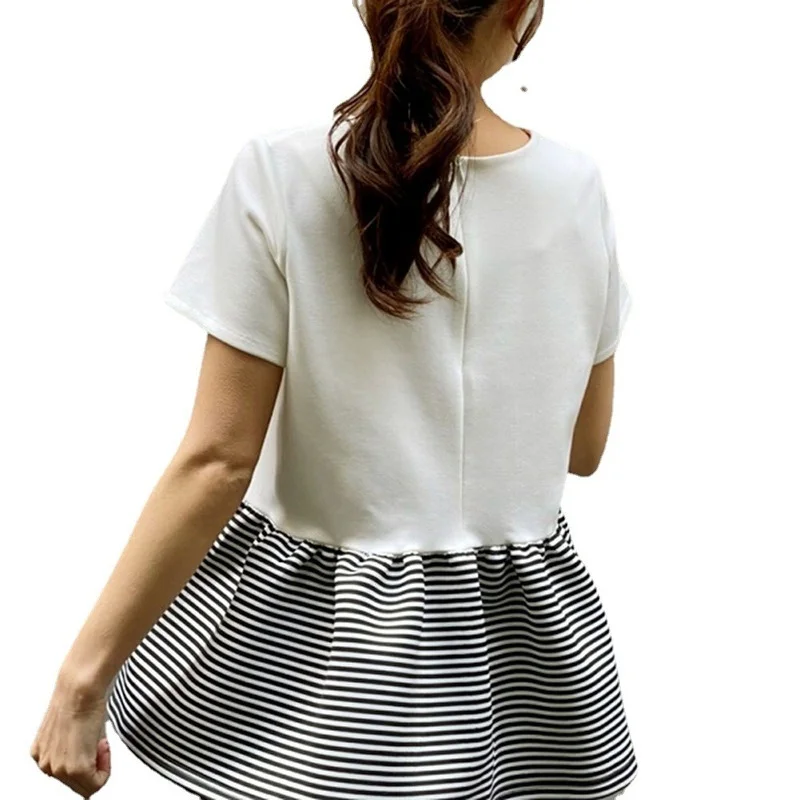 

ZAWAHIKI Korean Casual Women's T-shirts Summer 2021 O Neck Short Sleeve Striped Patchwork Tops Loose Pullover Women Clothing