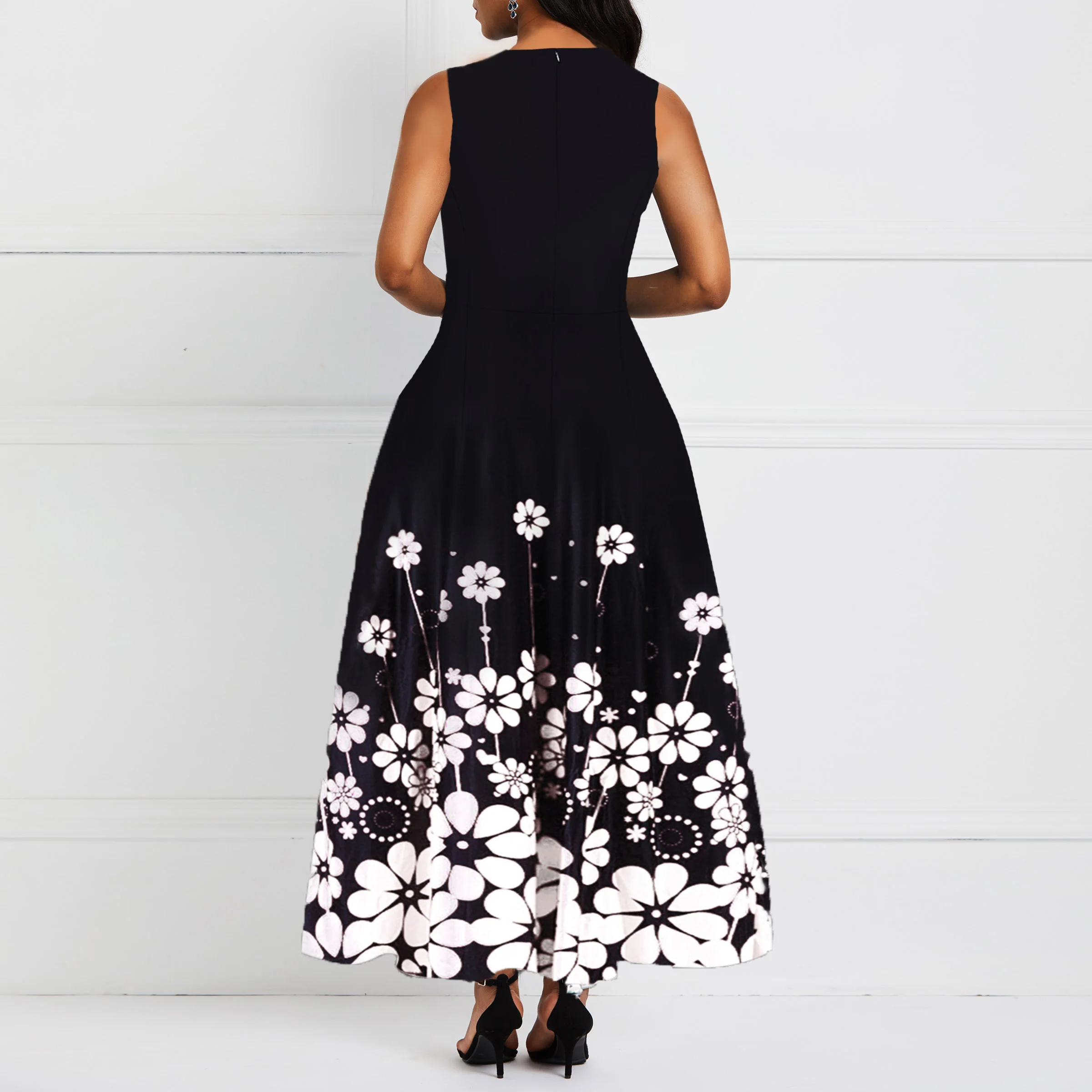 Черный круглый вырез горловины без рукавов Цветочный принт элегантное вечернее