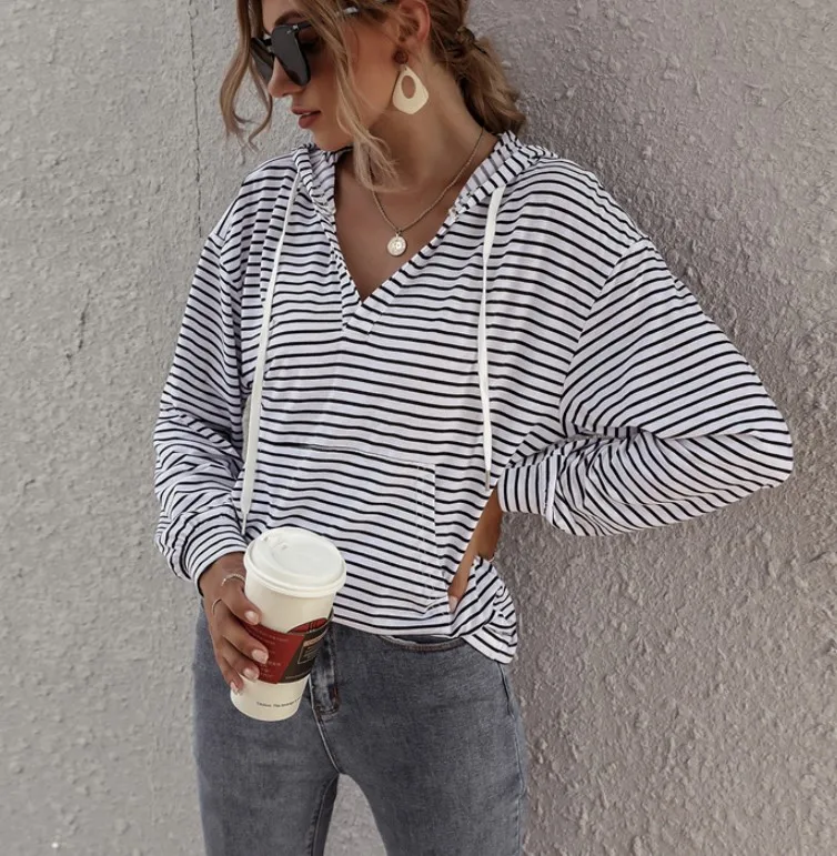 

New 2021 Spring Autumn Women Sweatshirts Pullovers Oversized Fashionable Hooded Korean Striped Jumper Tops Dropshipping