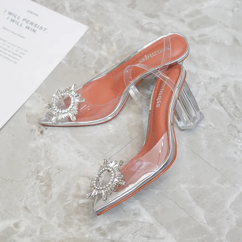 

Summer new high heeled shoes pointed bow Rhinestone thick heel crystal shallow mouth large single shoe girl