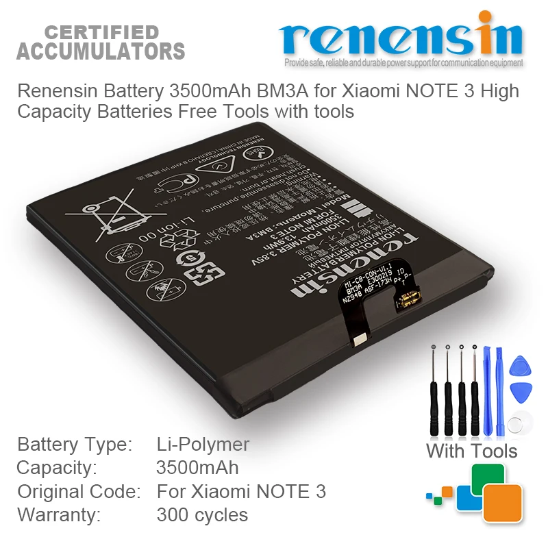 

Renensin Battery 3500mAh BM3A for Xiaomi NOTE 3 High Capacity Batteries Free Tools with tools