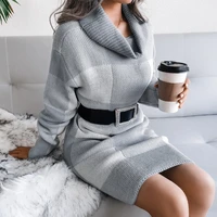 sweater dress for women 2021 autumn winter knitted long sleeve turtleneck sweater mini dress casual plaid sweatshirt dresses