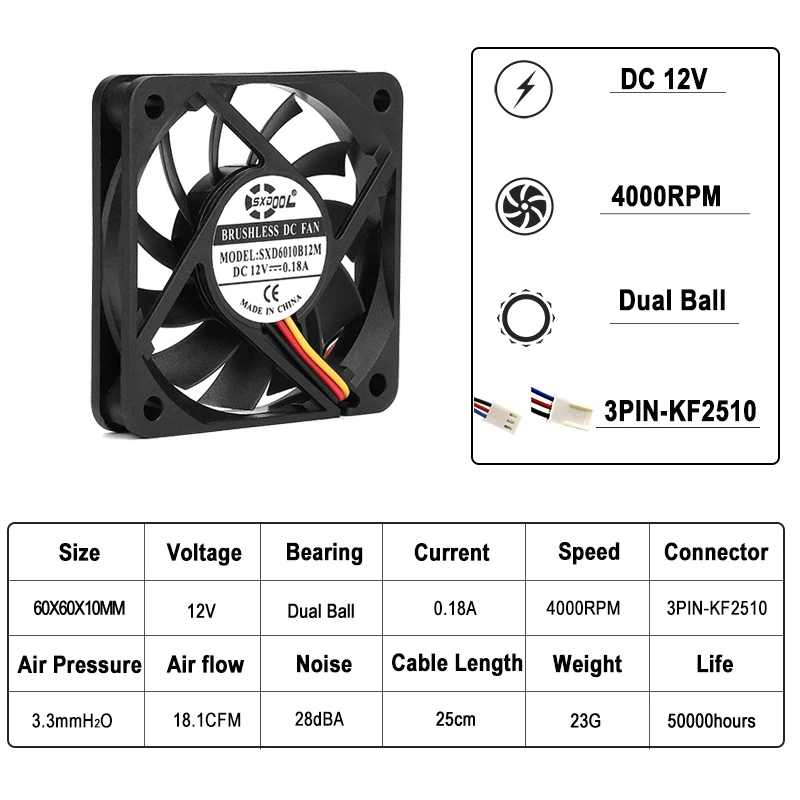 2Pcs 12V 60mm fan 60X10mm Dual Ball cooling 3pin PC CPU Cooler tach FG 6cm 6010 slim high quality | Компьютеры и офис
