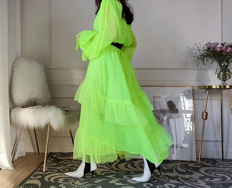 WHITNEY WANG 2019 осеннее модное уличное корейское стильное шифоновое платье с оборками
