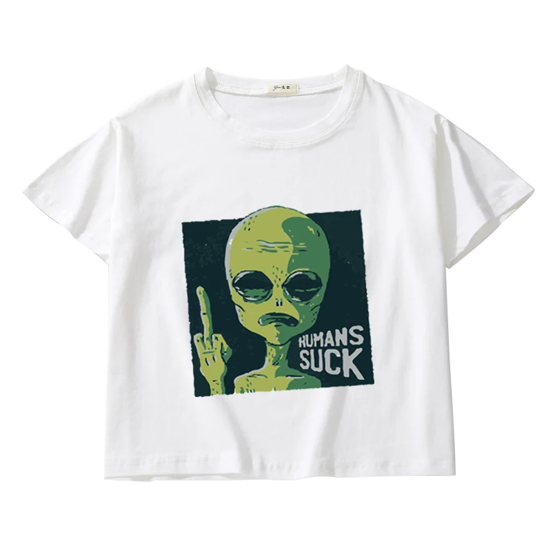 Футболка Alien Kawaii funn Женская хлопковая винтажный укороченный топ с графическим