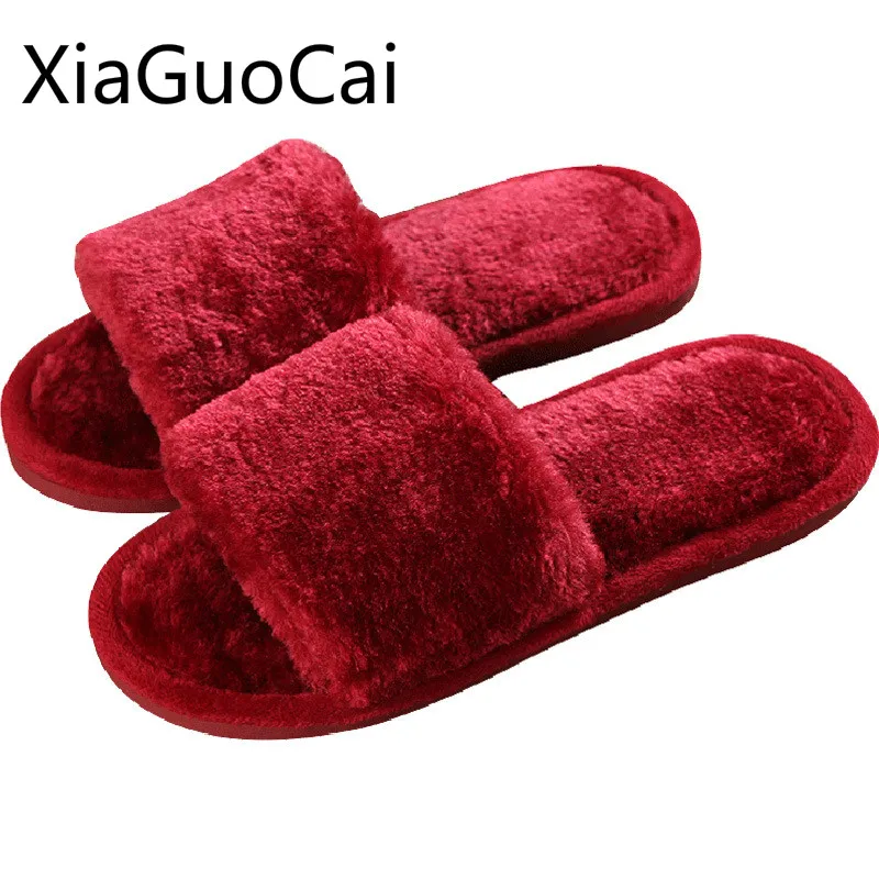 Меховые женские хлопковые тапочки с открытым носком Зимние на плоской подошве