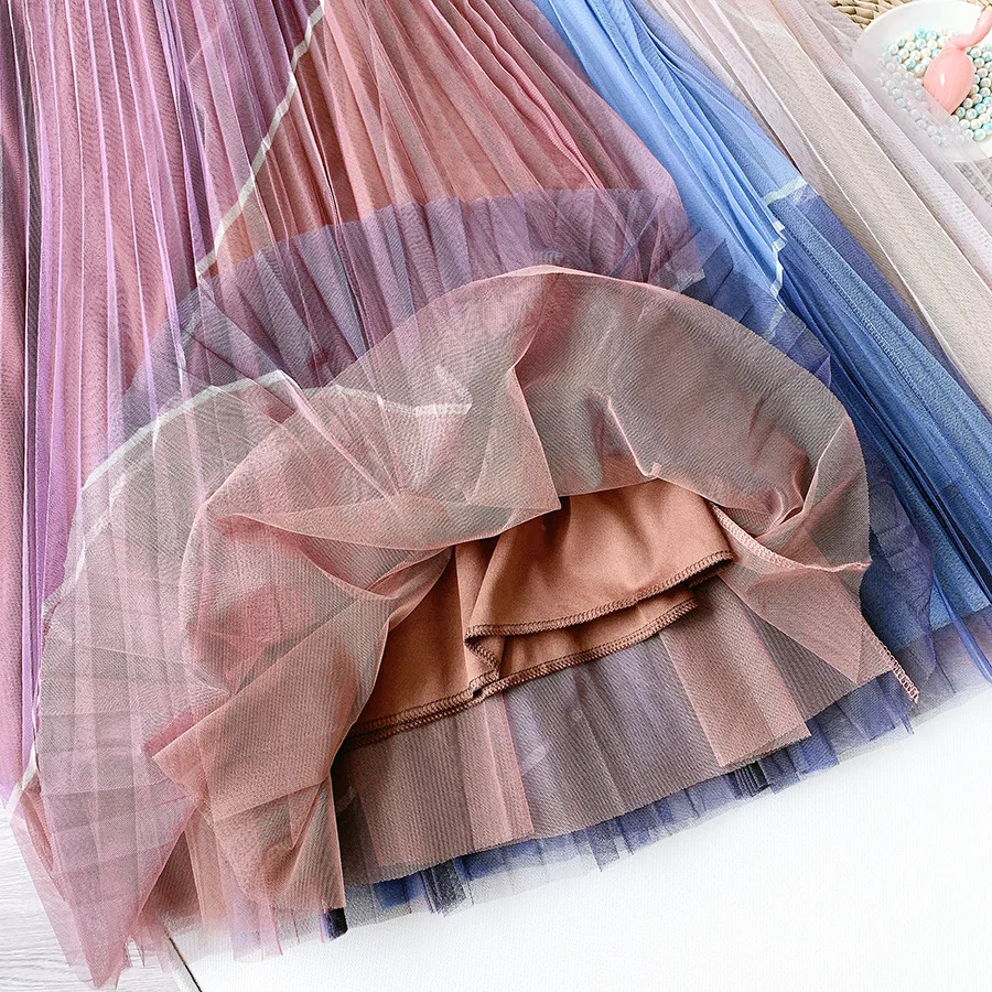 

2021 Spring Women Summer Boho Mesh Skirt Elegant High Waist Double Layer Hit Color Patchwork Long Skirt Elegant Faldas Jupe Saia