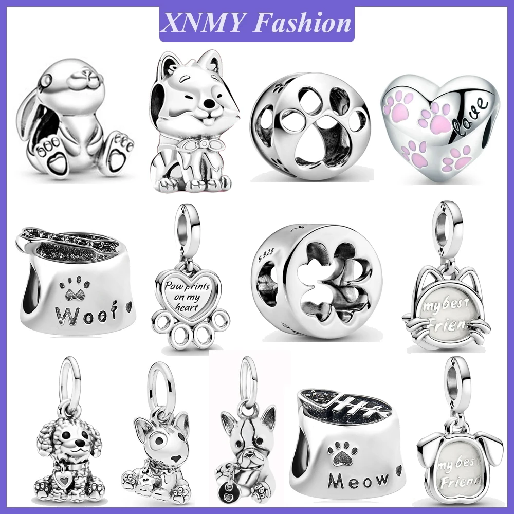 

XNMY Silver color Hearts & Paw Print Poodle Puppy Pet Dog Dangle Charm Fit Original Pandora Bracelet & Necklace Jewelry Gift