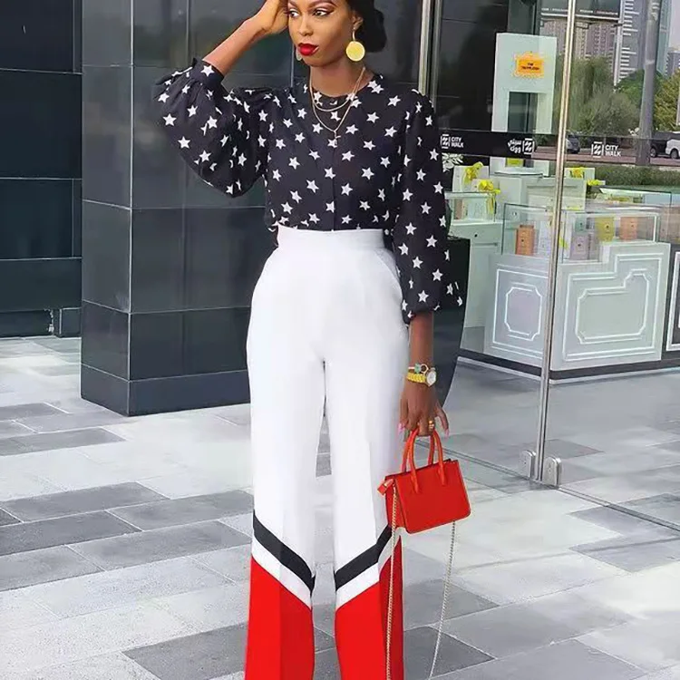 

Женский спортивный костюм, рубашка с длинным рукавом и прямые брюки с принтом звезд