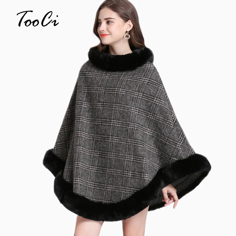 

Elegant Women Spring Faux Fur Pullover Bat Sleeve Ponchos And Capes Black Round-Neck Knit Sweater And Pullovers Faux Fur Coat