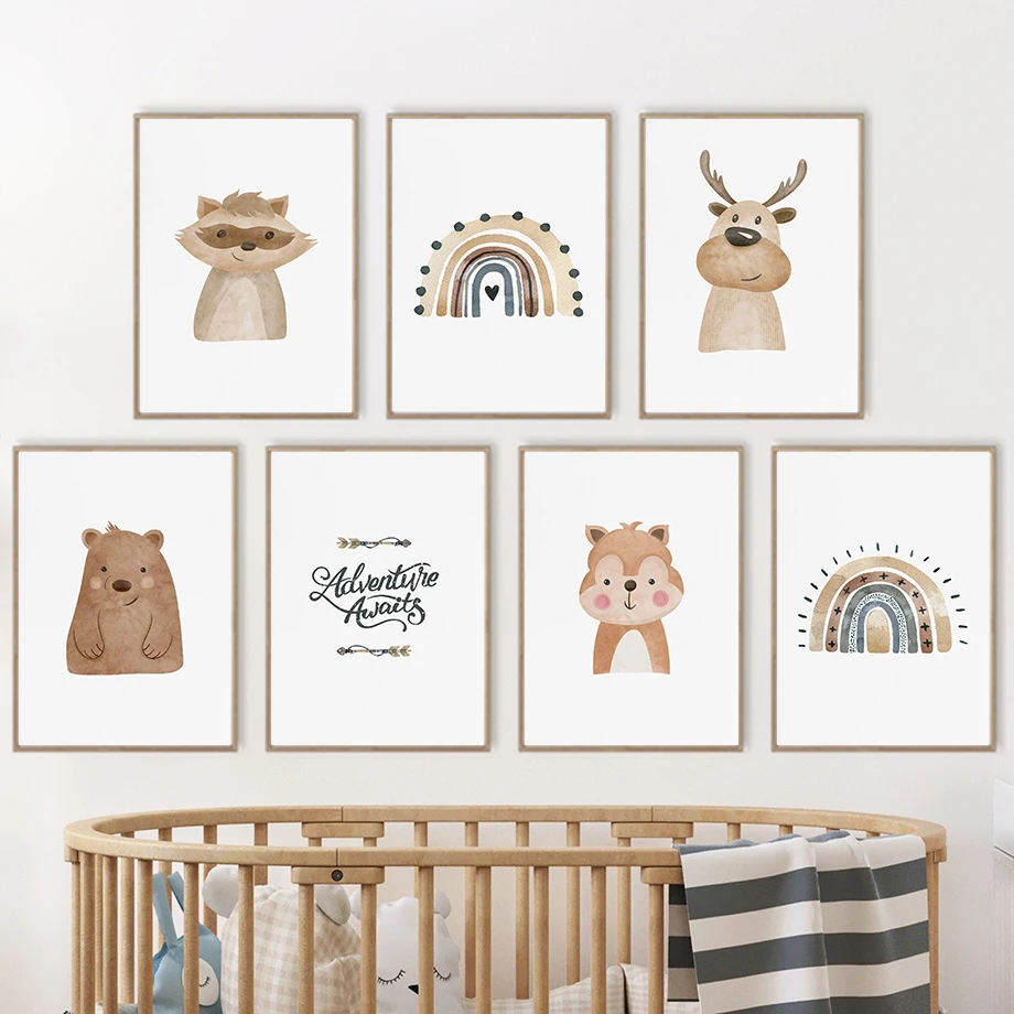 Скандинавские плакаты и принты мультфильм енот лиса медведь олень радуга