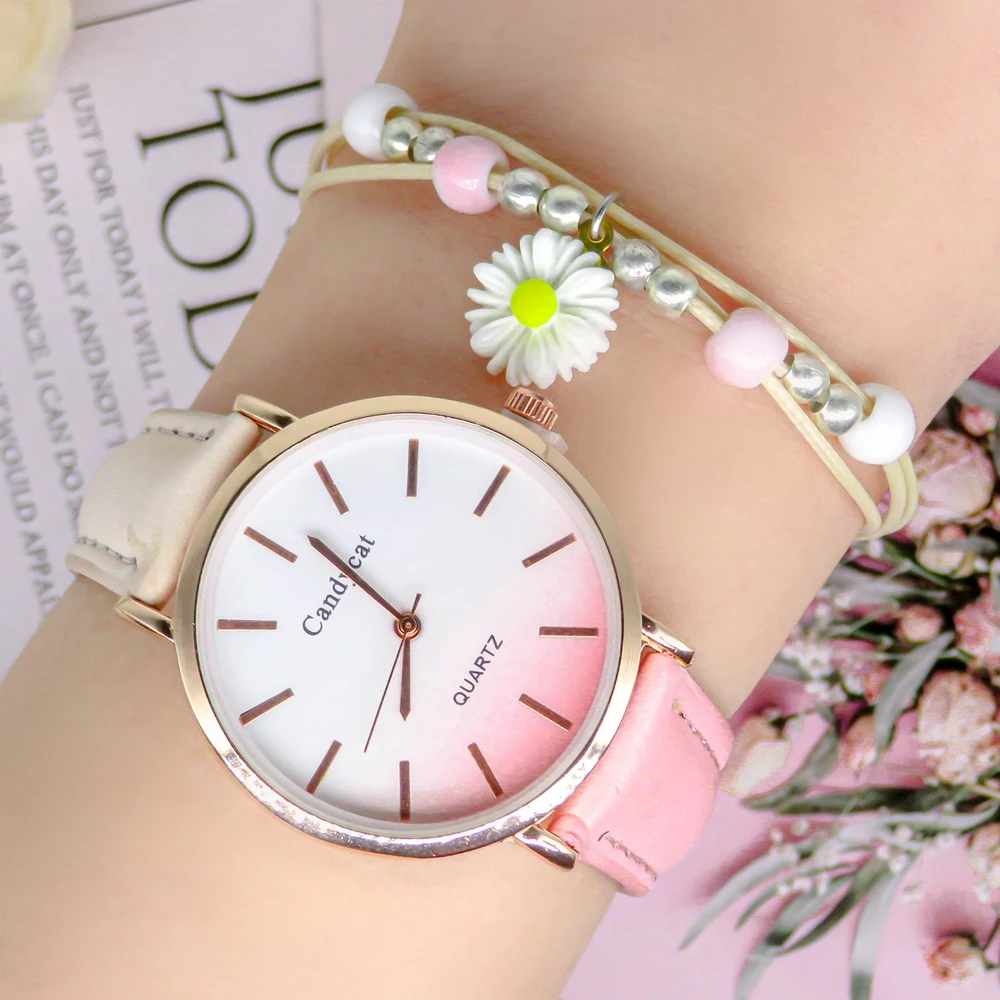2 unids/set de relojes de cuero a la moda para mujer, reloj de pulsera informal para mujer, reloj de pulsera con esfera Rosa degradado, reloj