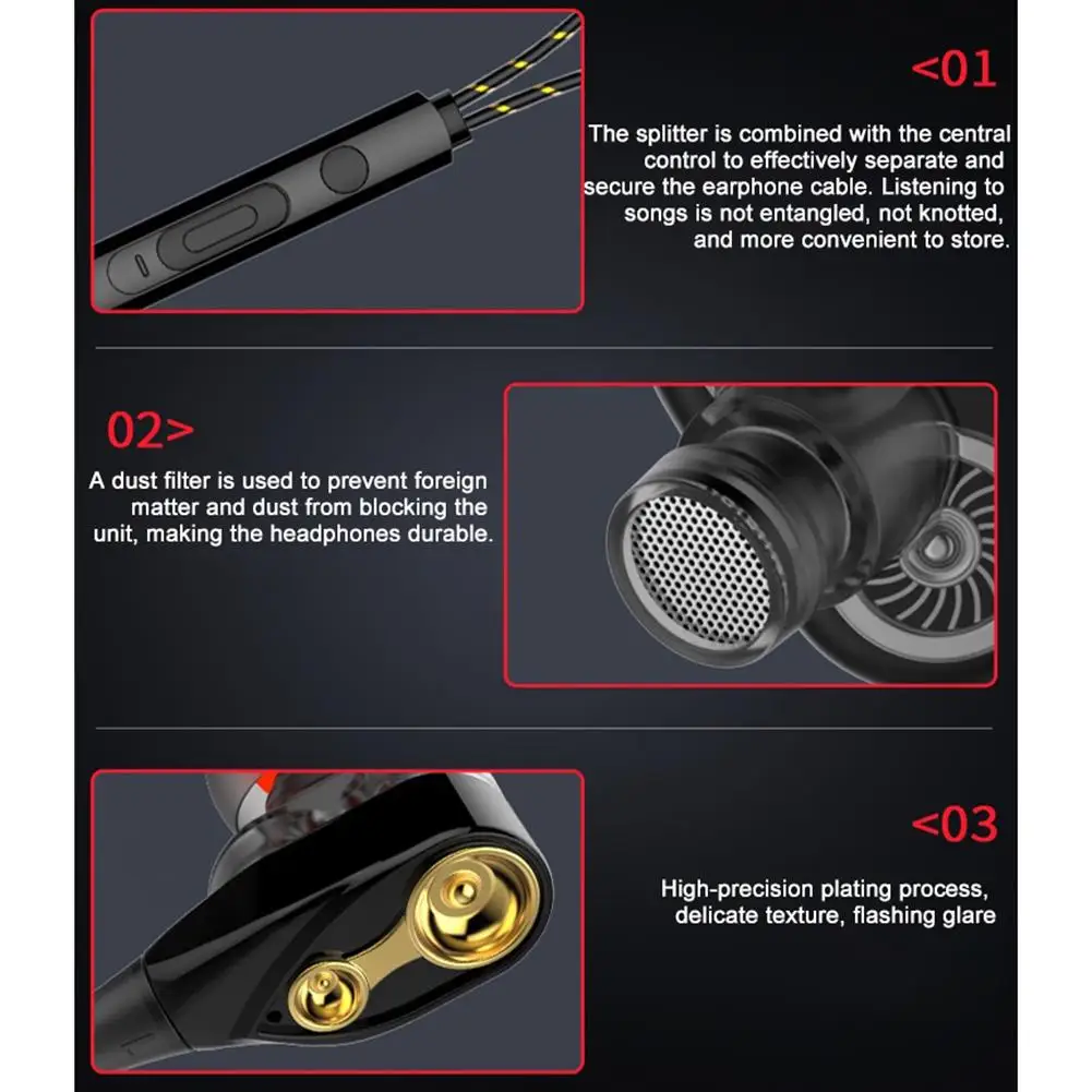 

Dual Moving Coil 3.5mm Wired In-Ear Earphone Heavy Bass Stereo Earbuds with Mic For Huawei Xiaomi Redmi Samsung Phone Headphones