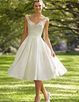 vestido de noiva curto modest ivory short knee length crystal beaded satin v neck back casamento bridal gown bridesmaid dresses