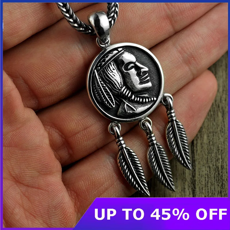 

Real 925 Sterling Silver Indian Pendant Round Flat Feather Vintage Punk Thai Silver color Men Women Pendants Jewelry Gifts