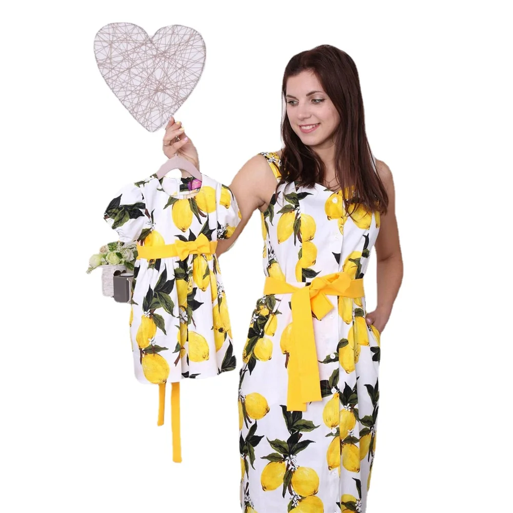 

2021 new European and American fashion casual simple lemon print lace elegant western dress parent-child dress dress vintage